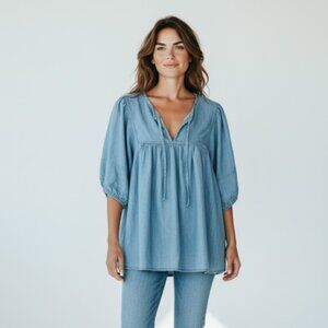 Old Navy Blue Denim 3/4 Length Sleeve Smock Shirt-Size XL-V-neck With Tie